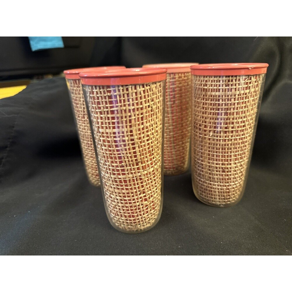 Vintage Set of 4 Tumbler Glasses w/ Woven Rattan Look Mid Century